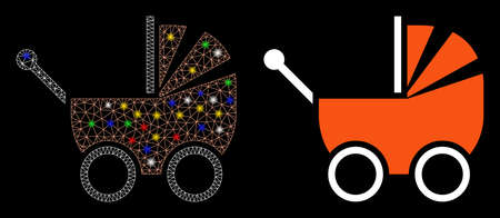 Glowing mesh baby carriage icon with glitter effect. Abstract illuminated model of baby carriage. Shiny wire carcass triangular mesh baby carriage icon. Vector abstraction on a black background.のイラスト素材