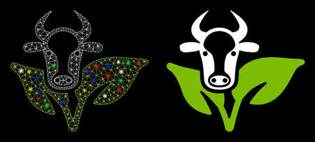 Glossy mesh bull and plant icon with sparkle effect. Abstract illuminated model of bull and plant. Shiny wire carcass triangular network bull and plant icon. Vector abstraction on a black background.のイラスト素材