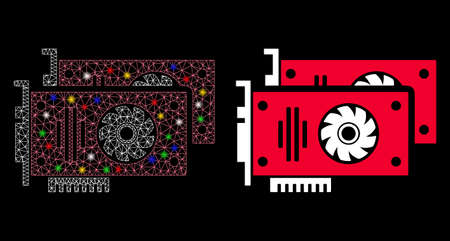 Glossy mesh graphic accelerator cards icon with glow effect. Abstract illuminated model of graphic accelerator cards. Shiny wire carcass polygonal network graphic accelerator cards icon.のイラスト素材