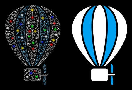 Flare mesh aerostat balloon icon with glare effect. Abstract illuminated model of aerostat balloon. Shiny wire carcass triangular network aerostat balloon icon.のイラスト素材