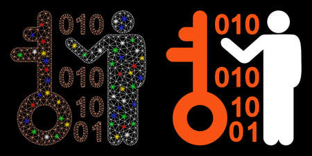 Glowing mesh decode key icon with glare effect. Abstract illuminated model of decode key. Shiny wire carcass polygonal mesh decode key icon. Vector abstraction on a black background.のイラスト素材