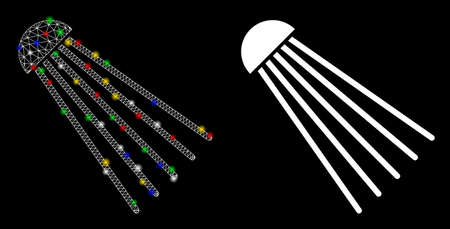 Flare mesh spray source icon with lightspot effect. Abstract illuminated model of spray source. Shiny wire carcass triangular network spray source icon. Vector abstraction on a black background.のイラスト素材
