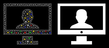 Glossy mesh video PC icon with lightspot effect. Abstract illuminated model of video PC. Shiny wire carcass polygonal mesh video PC icon.のイラスト素材
