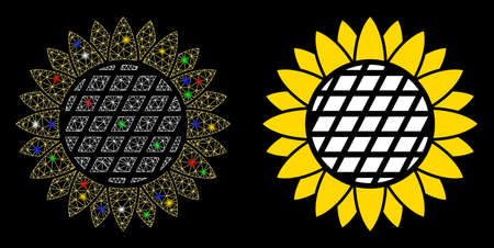 Glossy mesh sunflower flower icon with glare effect. Abstract illuminated model of sunflower flower. Shiny wire carcass triangular mesh sunflower flower icon. Vector abstraction on a black background.のイラスト素材