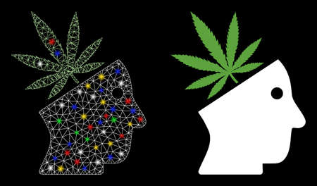 Glowing mesh cannabis thinking head icon with glare effect. Abstract illuminated model of cannabis thinking head. Shiny wire carcass triangular mesh cannabis thinking head icon.のイラスト素材