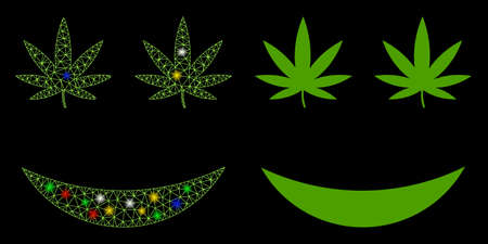 Bright mesh cannabis smile icon with glow effect. Abstract illuminated model of cannabis smile. Shiny wire carcass polygonal mesh cannabis smile icon. Vector abstraction on a black background.のイラスト素材