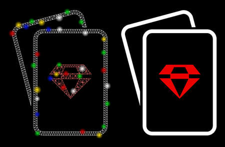 Flare mesh ruby gambling cards icon with glitter effect. Abstract illuminated model of ruby gambling cards. Shiny wire carcass triangular mesh ruby gambling cards icon.のイラスト素材