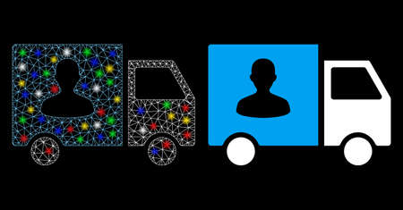 Glowing mesh passenger transport van icon with glitter effect. Abstract illuminated model of passenger transport van. Shiny wire carcass polygonal mesh passenger transport van icon.のイラスト素材
