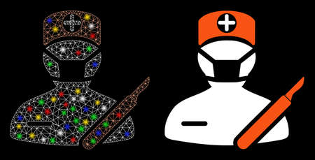 Glossy mesh surgeon icon with sparkle effect. Abstract illuminated model of surgeon. Shiny wire frame polygonal mesh surgeon icon. Vector abstraction on a black background.のイラスト素材