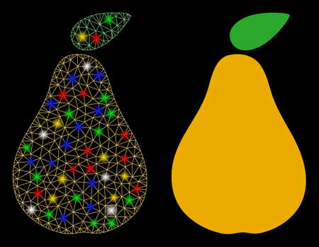 Bright mesh pear icon with glare effect. Abstract illuminated model of pear. Shiny wire carcass triangular mesh pear icon. Vector abstraction on a black background.のイラスト素材