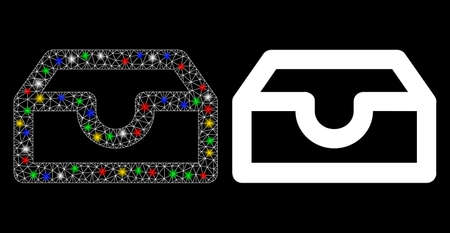 Glossy mesh account box icon with glare effect. Abstract illuminated model of account box. Shiny wire frame triangular mesh account box icon. Vector abstraction on a black background.のイラスト素材