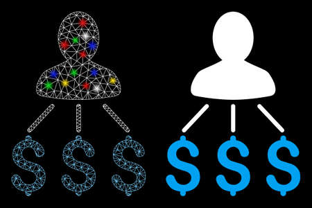Flare mesh person expenses icon with sparkle effect. Abstract illuminated model of person expenses. Shiny wire carcass triangular network person expenses icon.のイラスト素材