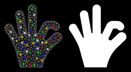 Glossy mesh OK gesture icon with lightspot effect. Abstract illuminated model of OK gesture. Shiny wire frame polygonal network OK gesture icon. Vector abstraction on a black background.のイラスト素材