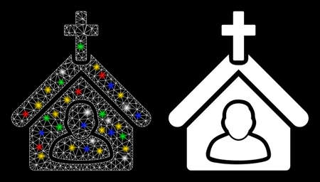 Bright mesh church person icon with glare effect. Abstract illuminated model of church person. Shiny wire frame polygonal mesh church person icon. Vector abstraction on a black background.のイラスト素材