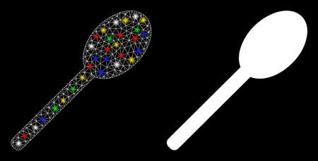 Glossy mesh spoon icon with lightspot effect. Abstract illuminated model of spoon. Shiny wire carcass triangular mesh spoon icon. Vector abstraction on a black background.のイラスト素材