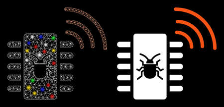 Glossy mesh hardware bug icon with sparkle effect. Abstract illuminated model of hardware bug. Shiny wire carcass polygonal mesh hardware bug icon. Vector abstraction on a black background.のイラスト素材