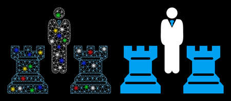 Glowing mesh chess strategy icon with lightspot effect. Abstract illuminated model of chess strategy. Shiny wire carcass polygonal network chess strategy icon.のイラスト素材