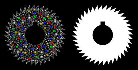 Glowing mesh milling cutter icon with glow effect. Abstract illuminated model of milling cutter. Shiny wire carcass triangular mesh milling cutter icon. Vector abstraction on a black background.のイラスト素材