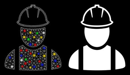 Flare mesh worker icon with sparkle effect. Abstract illuminated model of worker. Shiny wire carcass triangular mesh worker icon. Vector abstraction on a black background.のイラスト素材