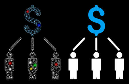 Flare mesh crowdfunding icon with lightspot effect. Abstract illuminated model of crowdfunding. Shiny wire frame triangular network crowdfunding icon. Vector abstraction on a black background.のイラスト素材