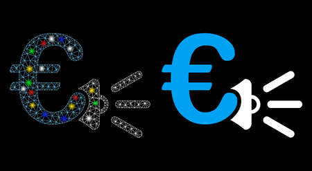 Bright mesh Euro ads megaphone icon with sparkle effect. Abstract illuminated model of Euro ads megaphone. Shiny wire frame triangular mesh Euro ads megaphone icon.のイラスト素材