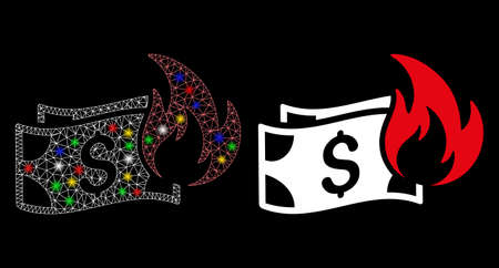 Glowing mesh burn dollar banknotes icon with glow effect. Abstract illuminated model of burn dollar banknotes. Shiny wire carcass polygonal mesh burn dollar banknotes icon.のイラスト素材