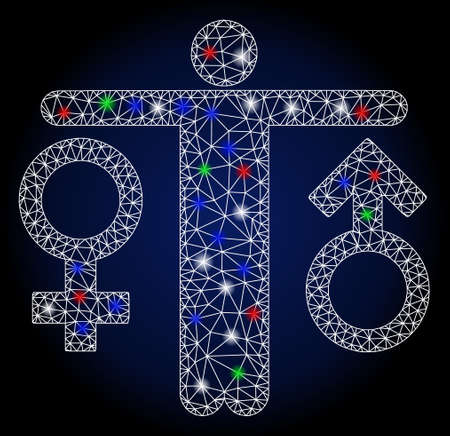 Glowing white mesh bisexual man with glare effect. Abstract illuminated model of bisexual man. Shiny wire frame triangular mesh bisexual man icon.のイラスト素材