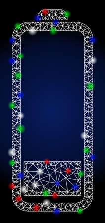 Flare white mesh low battery level with glare effect. Abstract illuminated model of low battery level. Shiny wire carcass polygonal mesh low battery level icon.のイラスト素材