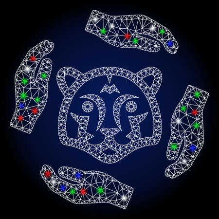 Glossy white mesh save tigers with glow effect. Abstract illuminated model of save tigers. Shiny wire frame polygonal network save tigers icon. Vector abstraction on a dark blue gradient background.のイラスト素材