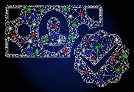 Glossy white mesh paid in full with glow effect. Abstract illuminated model of paid in full. Shiny wire frame polygonal mesh paid in full icon. Vector abstraction on a dark blue gradient background.のイラスト素材