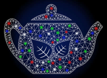 Glossy white mesh green tea teapot with glare effect. Abstract illuminated model of green tea teapot. Shiny wire carcass triangular mesh green tea teapot icon.のイラスト素材