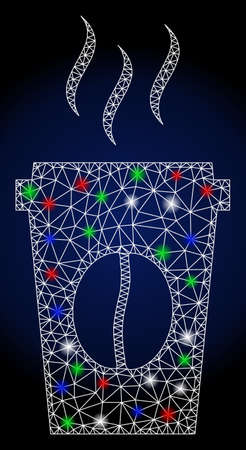 Flare white mesh paper coffee cup with sparkle effect. Abstract illuminated model of paper coffee cup. Shiny wire carcass triangular mesh paper coffee cup icon.のイラスト素材