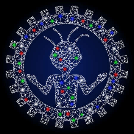 Glossy white mesh mad engineer with glare effect. Abstract illuminated model of mad engineer. Shiny wire carcass triangular mesh mad engineer icon.のイラスト素材