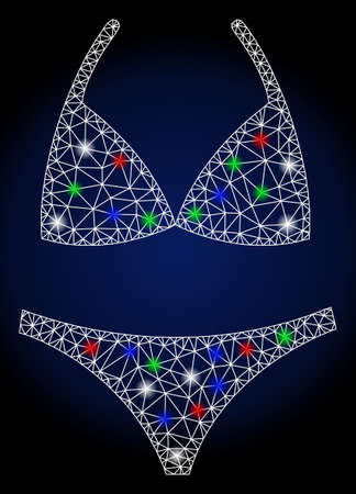 Flare white mesh bikini with glitter effect. Abstract illuminated model of bikini. Shiny wire frame polygonal mesh bikini icon. Vector abstraction on a dark blue gradient background.のイラスト素材