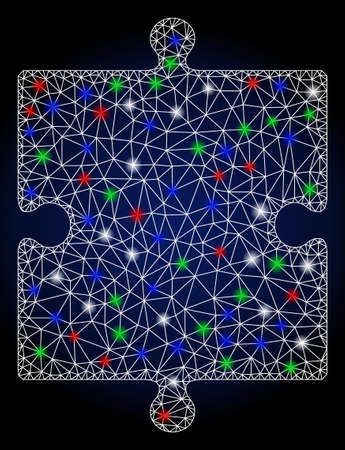 Flare white mesh puzzle part with glow effect. Abstract illuminated model of puzzle part. Shiny wire...
