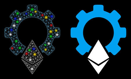 Bright mesh Ethereum gear icon with glow effect. Abstract illuminated model of Ethereum gear. Shiny wire carcass polygonal mesh Ethereum gear icon. Vector abstraction on a black background.のイラスト素材