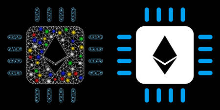 Glossy mesh Ethereum processor chip icon with glow effect. Abstract illuminated model of Ethereum processor chip. Shiny wire frame polygonal mesh Ethereum processor chip icon.のイラスト素材