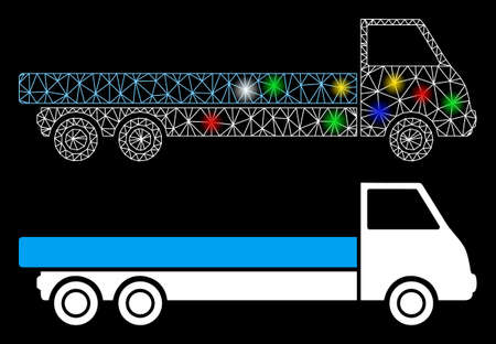 Glowing mesh truck icon with glare effect. Abstract illuminated model of truck. Shiny wire carcass polygonal network truck icon. Vector abstraction on a black background.のイラスト素材
