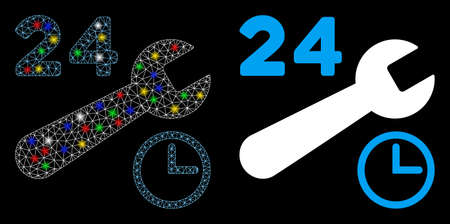Glossy mesh service hours icon with glow effect. Abstract illuminated model of service hours. Shiny...