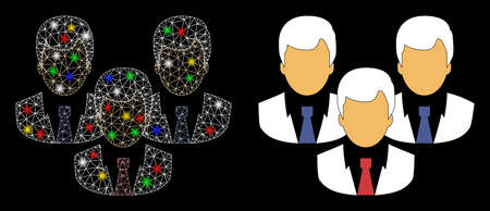 Glowing mesh customers icon with glitter effect. Abstract illuminated model of customers. Shiny wire frame polygonal mesh customers icon. Vector abstraction on a black background.のイラスト素材