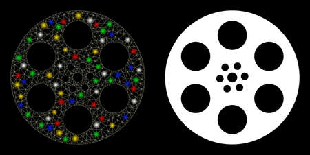Bright mesh reel icon with glow effect. Abstract illuminated model of reel. Shiny wire frame triangular mesh reel icon. Vector abstraction on a black background.のイラスト素材