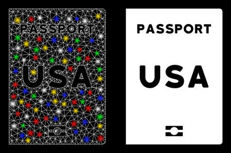 Flare mesh American passport icon with glare effect. Abstract illuminated model of American passport. Shiny wire carcass triangular mesh American passport icon.のイラスト素材