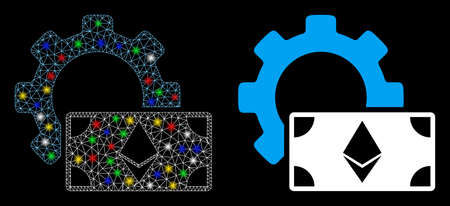 Glowing mesh Ethereum banknote options gear icon with lightspot effect. Abstract illuminated model of Ethereum banknote options gear.のイラスト素材