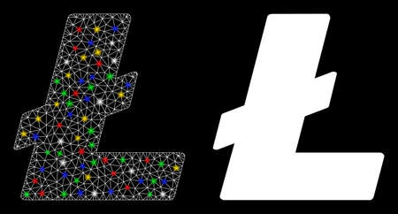 Bright mesh Litecoin icon with glare effect. Abstract illuminated model of Litecoin. Shiny wire frame triangular mesh Litecoin icon. Vector abstraction on a black background.のイラスト素材