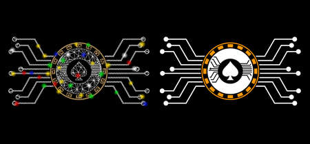 Glossy mesh digital casino circuit icon with glitter effect. Abstract illuminated model of digital casino circuit. Shiny wire carcass triangular mesh digital casino circuit icon.のイラスト素材