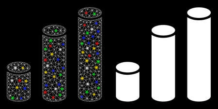 Glowing mesh bar chart cylinders icon with sparkle effect. Abstract illuminated model of bar chart cylinders. Shiny wire frame polygonal mesh bar chart cylinders icon.のイラスト素材