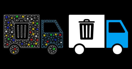 Glossy mesh rubbish transport van icon with glare effect. Abstract illuminated model of rubbish transport van. Shiny wire frame polygonal mesh rubbish transport van icon.のイラスト素材