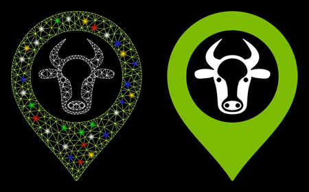 Glossy mesh cow map marker icon with glare effect. Abstract illuminated model of cow map marker. Shiny wire carcass triangular mesh cow map marker icon. Vector abstraction on a black background.のイラスト素材