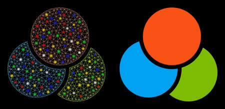 Glossy mesh RGB color circles icon with lightspot effect. Abstract illuminated model of RGB color...