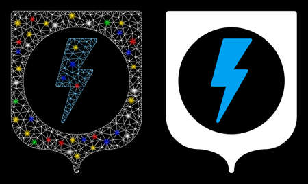 Glowing mesh electric protection icon with glare effect. Abstract illuminated model of electric protection. Shiny wire carcass polygonal mesh electric protection icon.のイラスト素材